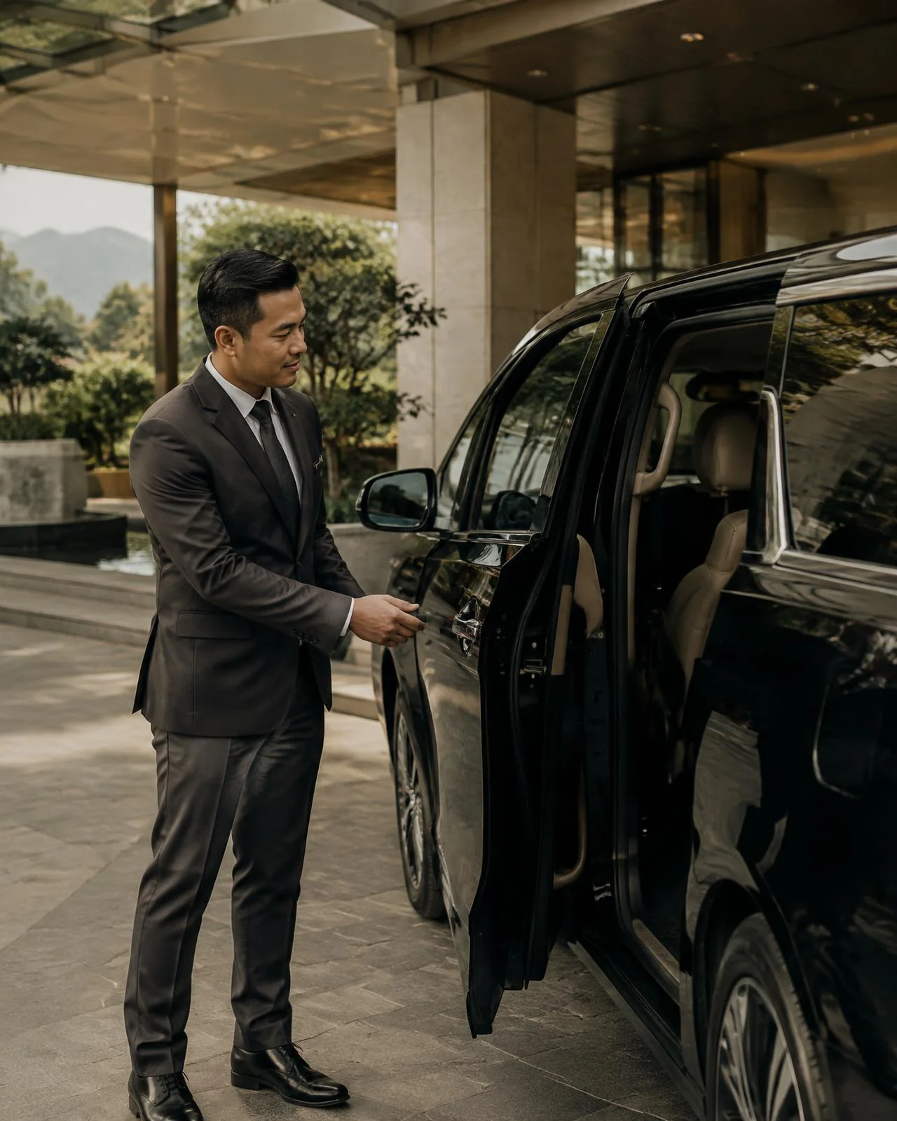 Driver profesional membukakan pintu kendaraan premium Driver profesional membukakan pintu kendaraan premium