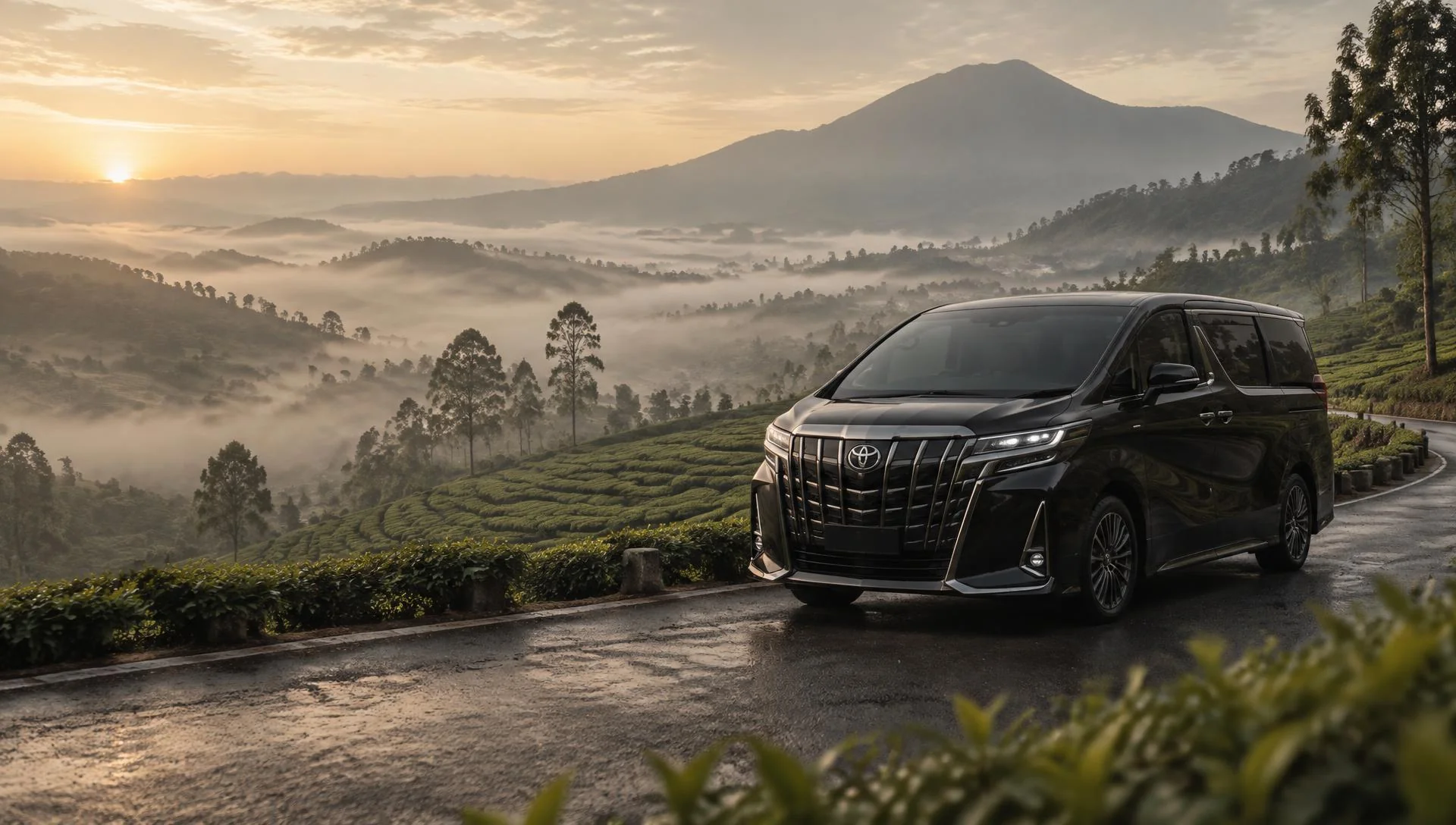 Toyota Alphard hitam di jalan perkebunan teh Bandung saat fajar Toyota Alphard hitam di jalan perkebunan teh Bandung saat fajar